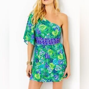 Lilly Pulitzer Niki One-Shoulder Romper Dress Botanical Green In A Flutter Sz 00